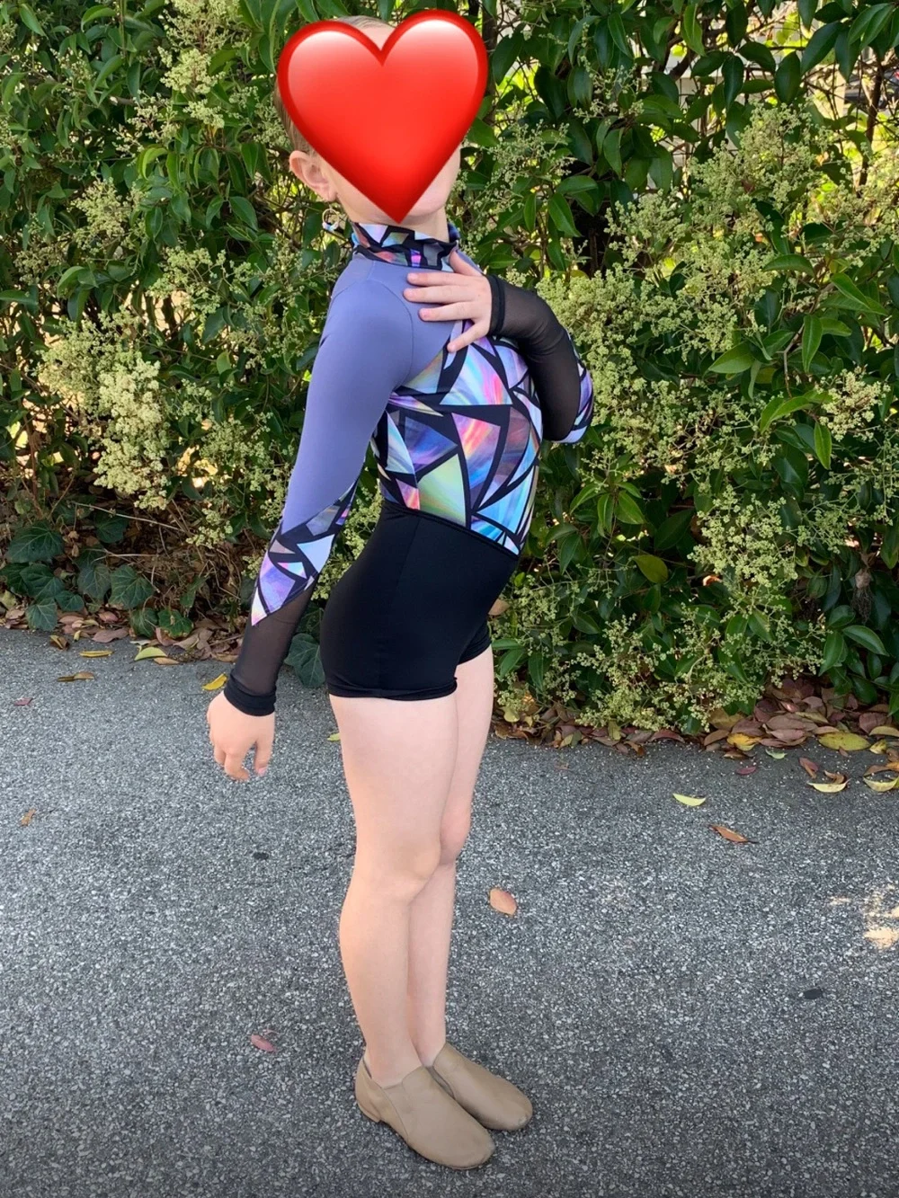 Weissman Iridescent Multi Geometric Long-Sleeve Dance Biketard with Mesh Sleeves
